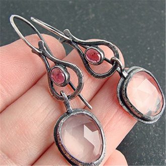 Retro Black Metal White Stone Dangle Earrings