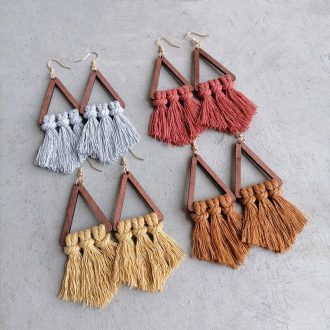 Handmade Triangle Wood Macrame Earrings