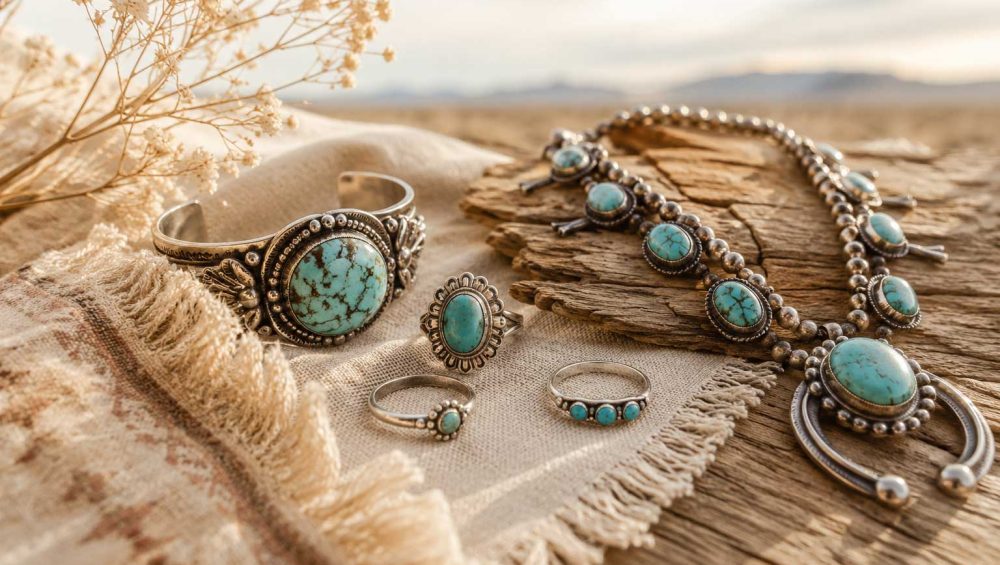 Boho turquoise jewelry including a silver cuff bracelet, necklace, rings, and pendant displayed on linen and rustic wood in warm natural light.