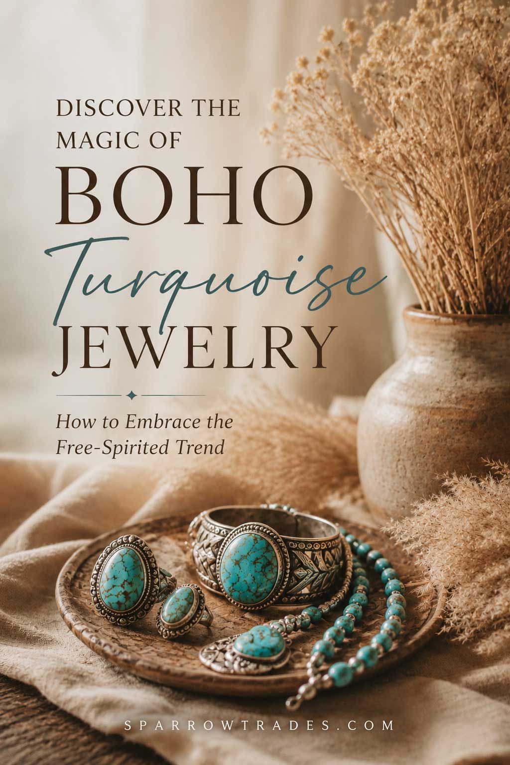 Boho turquoise jewelry including a silver cuff bracelet, rings, and a beaded necklace arranged on natural fabric with dried flowers in a warm editorial setting.