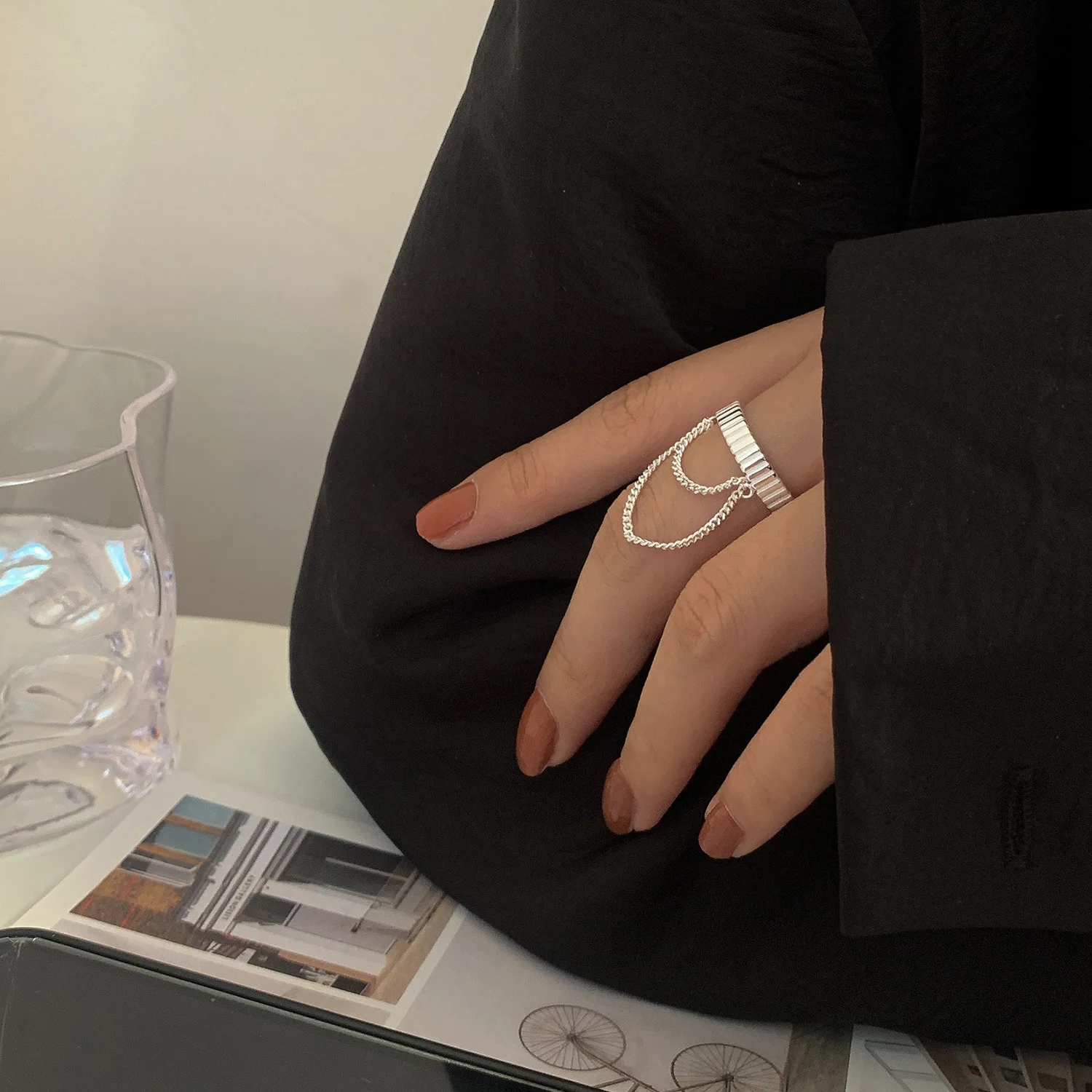 Geometric Double Tassel Chain Ring