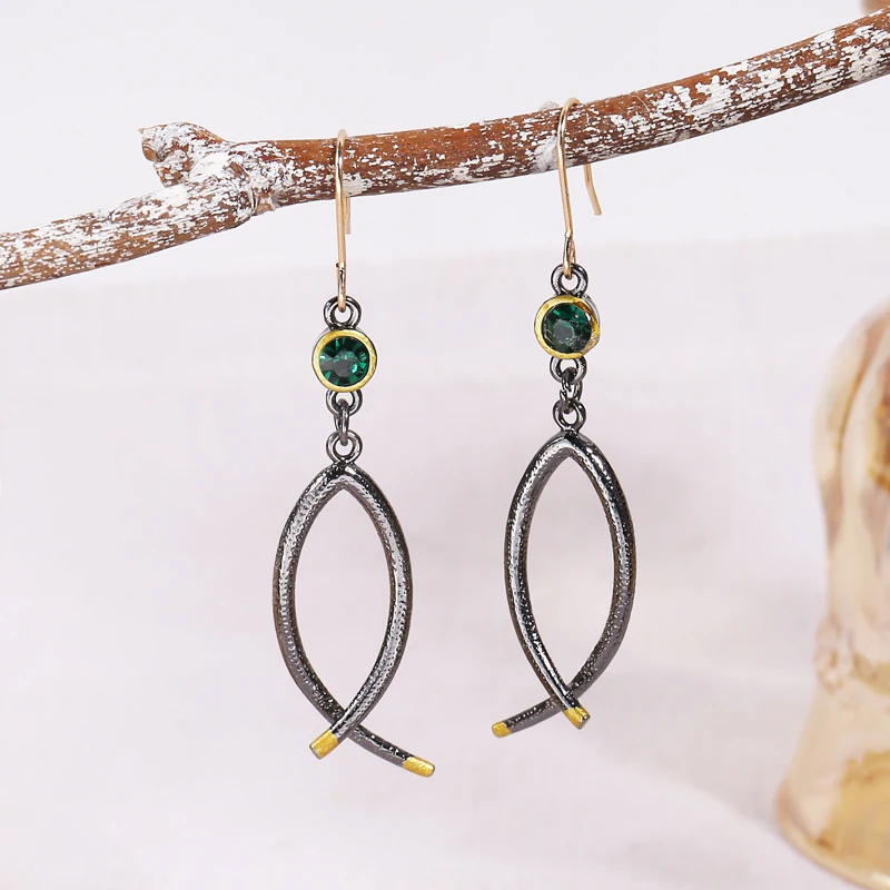 Green Stone Long Hook Spiral Hoop Earrings
