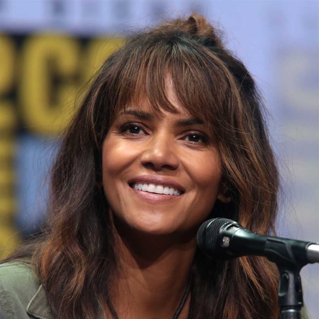 Halle Berry has a heart-shaped face, characterized by a broad forehead, high cheekbones, and a narrow, pointed chin, creating a balanced and elegant look.