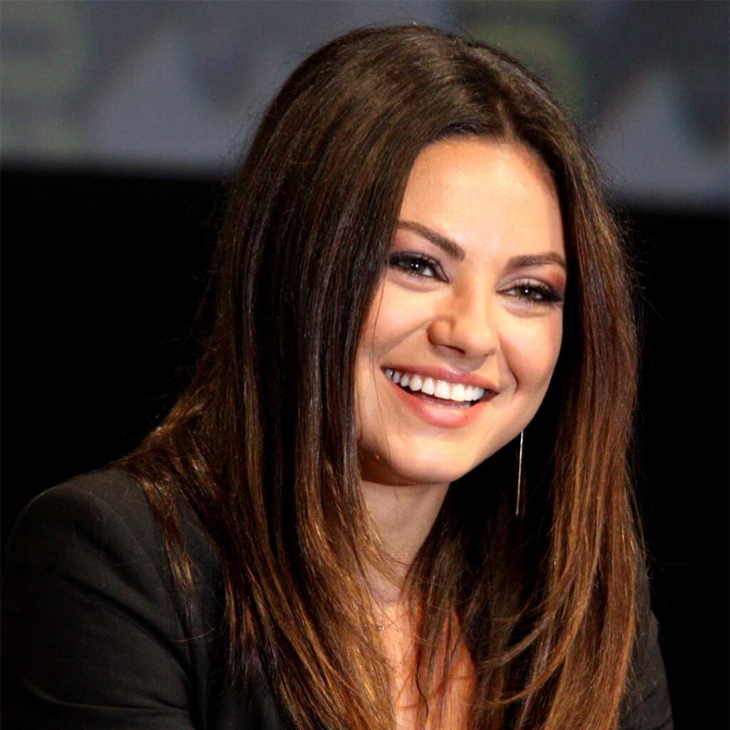 Mila Kunis exemplifies a round face shape, characterized by a rounded chin and wide cheekbones.