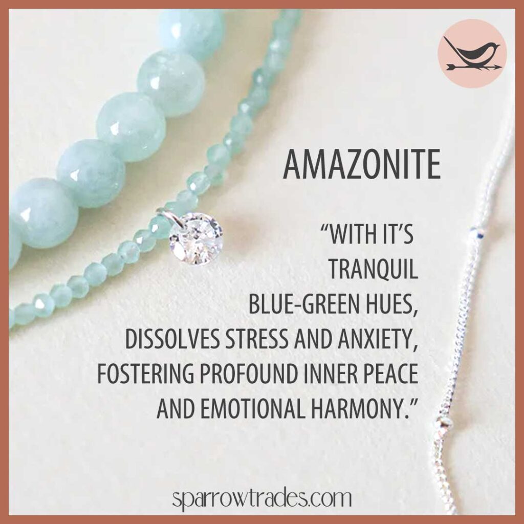 Natural Amazonite Cat’s Eye Necklace showcasing serene blue-green hues and tranquil energy with quote.