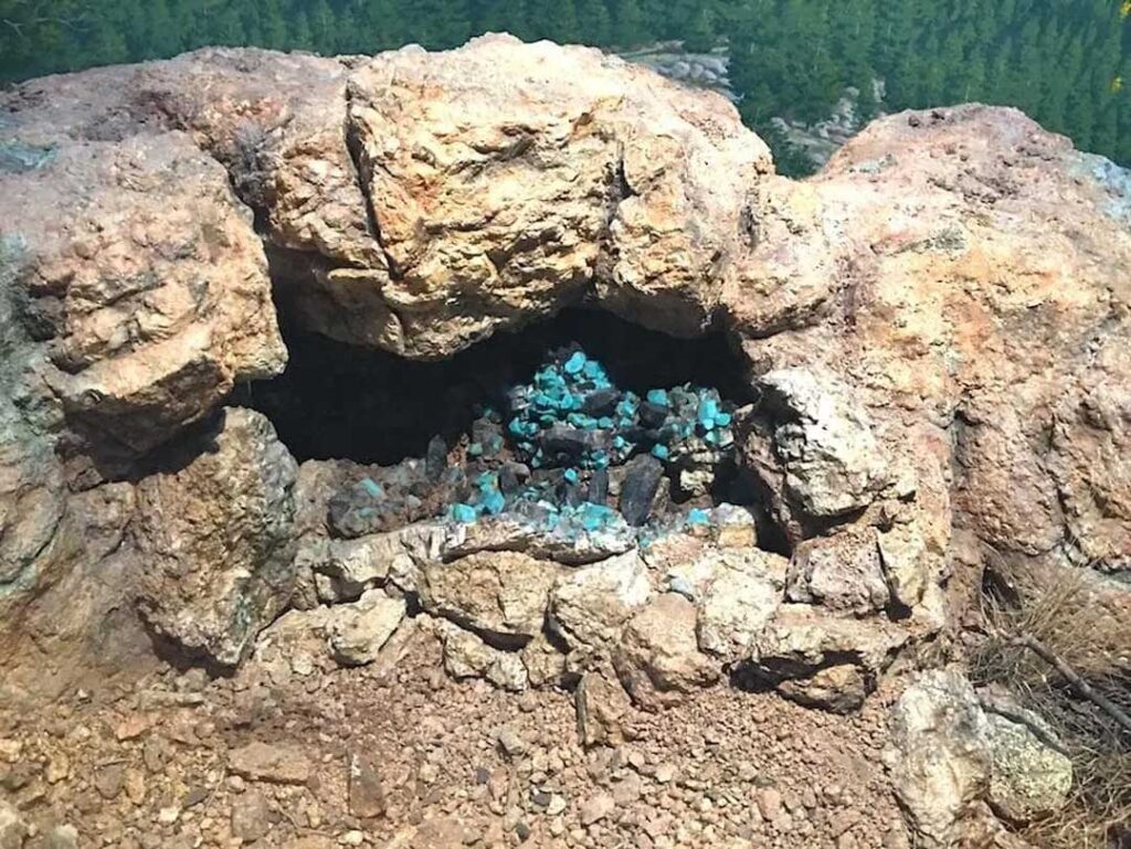 A beautiful pocket of blue-green microcline (v. amazonite) specimens discovered in the classic Lake George, Colorado amazonite mining area.