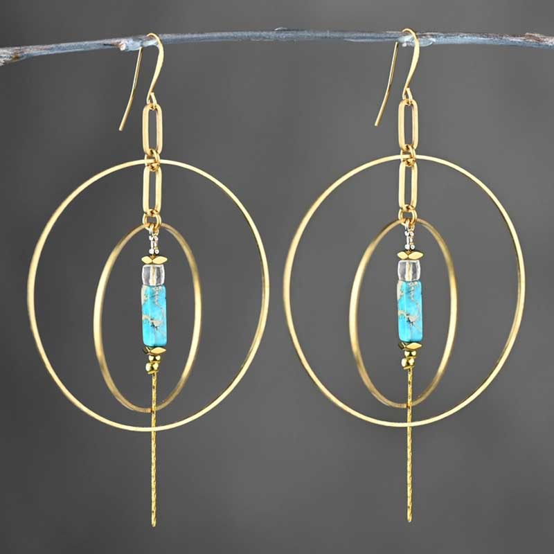 Double Hoop Jasper Turquoise Chain Drop Earrings