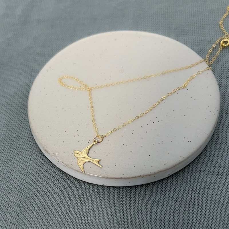 14k Gold-Filled Flying Sparrow, Bird Charm Necklace