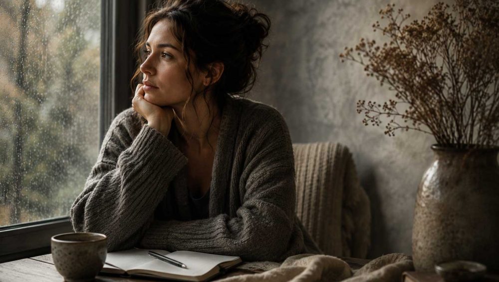Person sitting by a rain-covered window with a journal, reflecting quietly in a calm indoor setting.