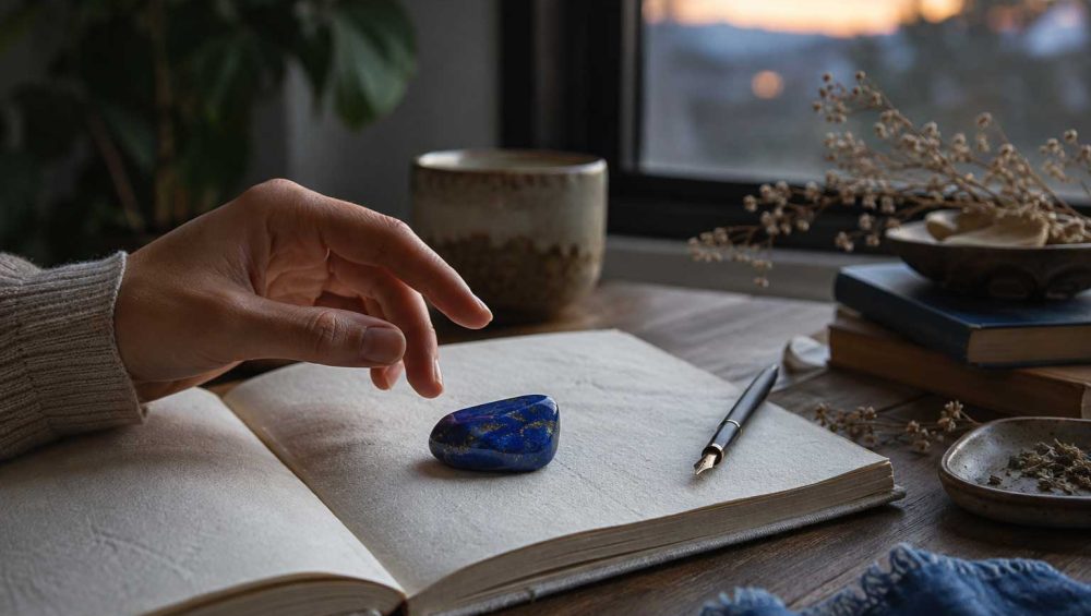 A hand reaching toward a lapis lazuli stone resting on an open journal beside a fountain pen in soft natural window light.
