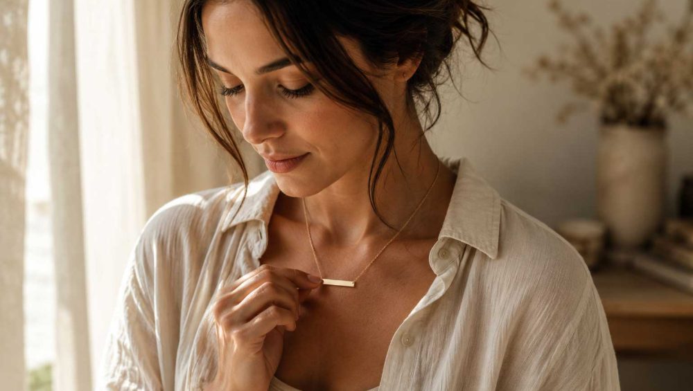 Woman gently holding a gold bar necklace in soft natural light, reflecting on its personal meaning.