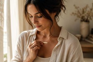 Woman gently holding a gold bar necklace in soft natural light, reflecting on its personal meaning.