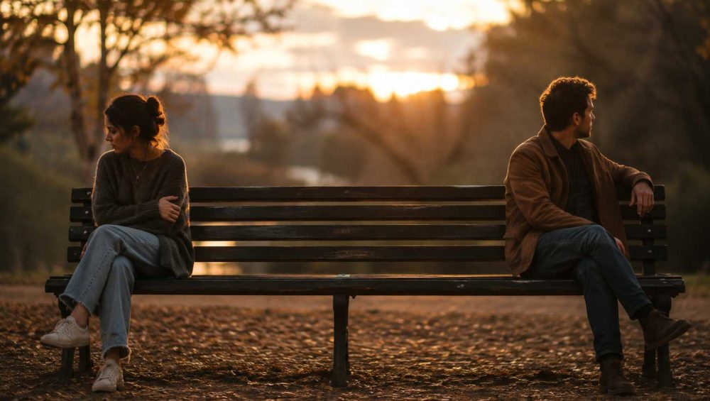 Two people sitting apart on a park bench at sunset, looking away from each other and reflecting emotional distance in a relationship.