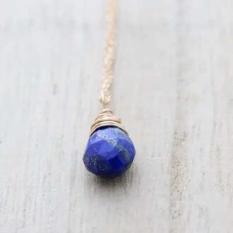 Lapis Lazuli Pendant Necklace with Faceted Briolette Wrapped in Gold Wire