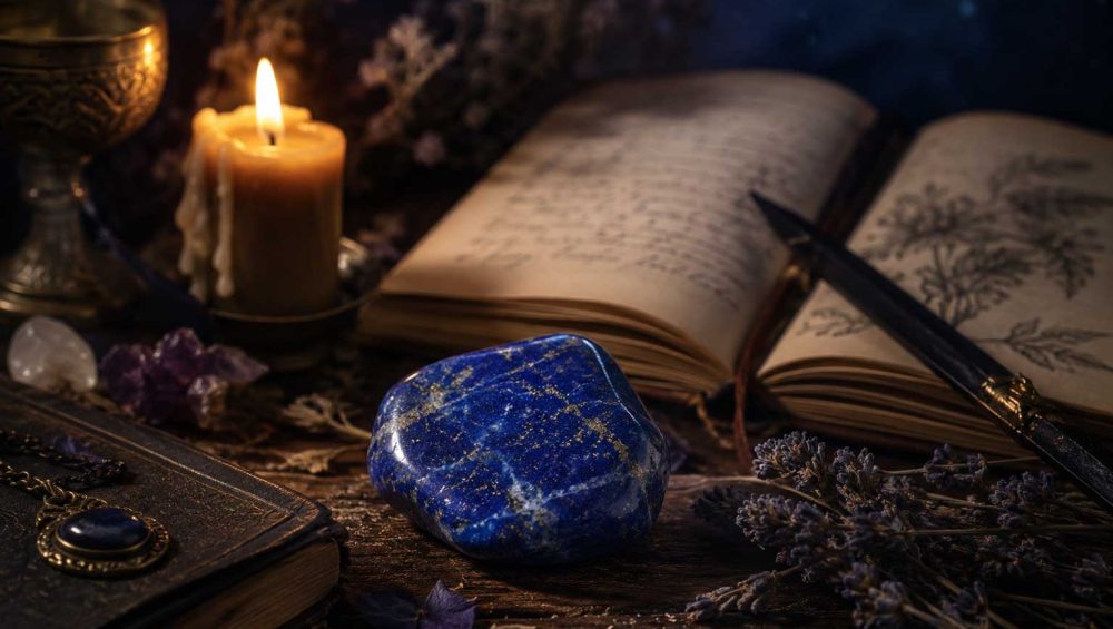 Lapis lazuli gemstone beside a candle and open journal on a wooden altar in a softly lit spiritual setting