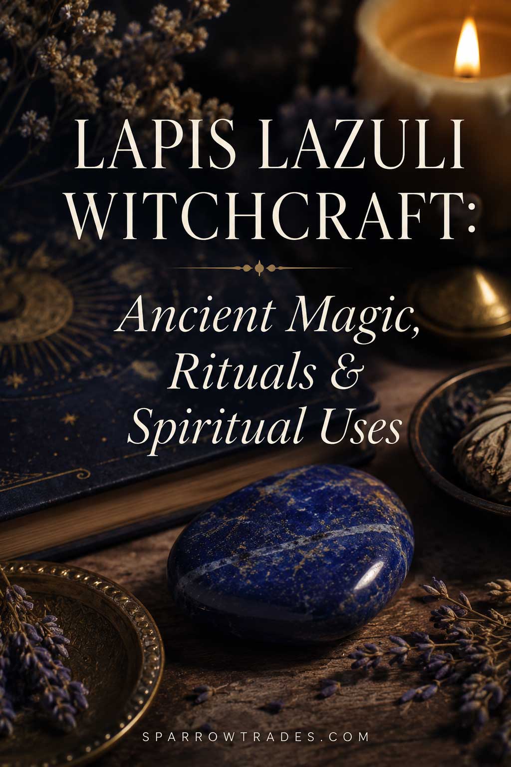 Lapis lazuli gemstone beside a candle, dried lavender, and a journal in a softly lit spiritual ritual setting