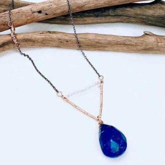 On Point Lapis Pendant Necklace featuring lapis lazuli teardrop and rainbow moonstones with mixed metal chain
