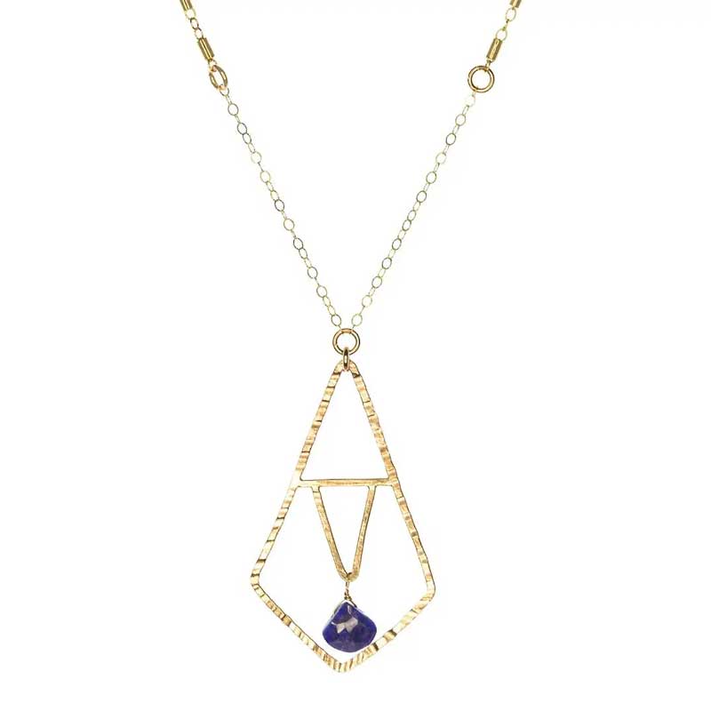 Peaceful Lapis Symmetry Necklace with geometric gold pendant and lapis lazuli drop