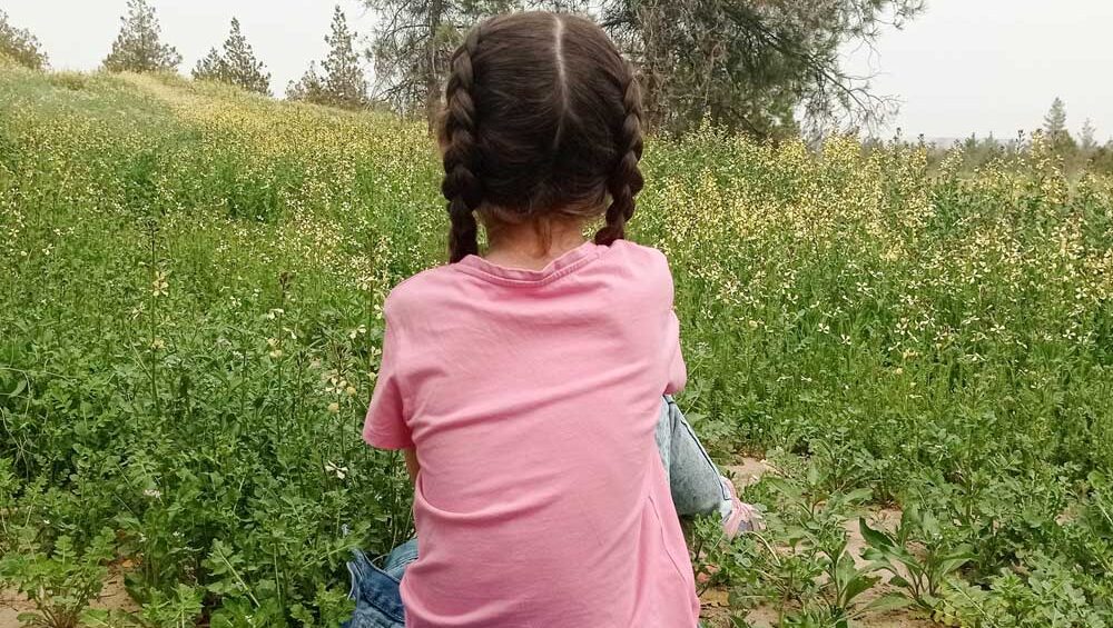 Young girl with braided hair in a pink shirt sitting alone in a wildflower field, facing away, evoking a sense of loneliness and reflection