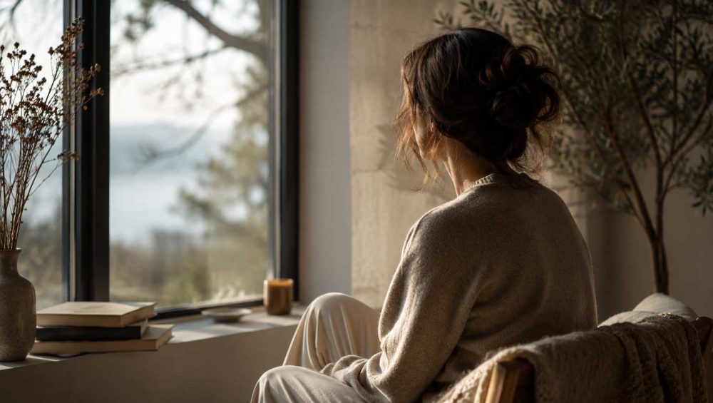 Adult sitting quietly by a window in soft natural light reflecting in a calm indoor space