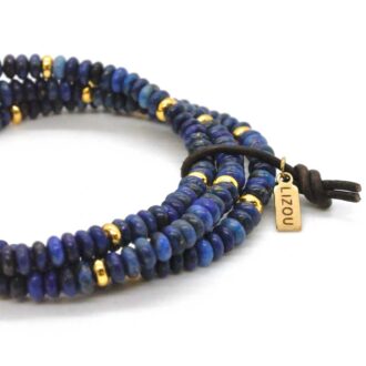 Triple-row lapis lazuli and gold bracelet bundle tied with leather, designed by LIZOU