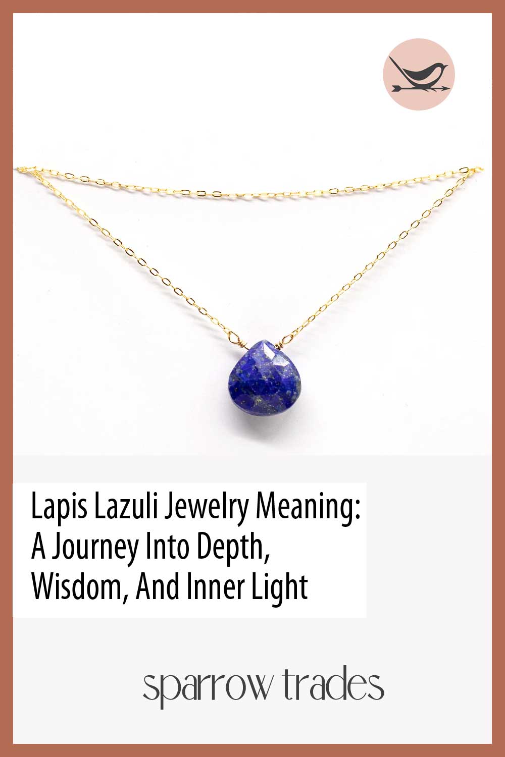 Lapis lazuli pendant necklace on gold chain photographed against white background, symbolizing wisdom, spiritual insight, and inner truth