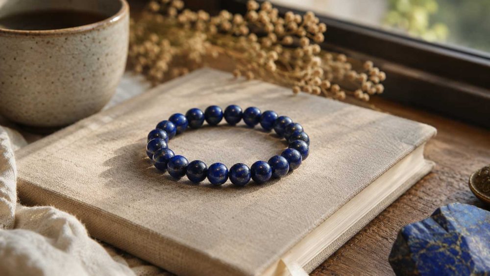 A lapis lazuli bracelet resting on a linen journal beside a ceramic tea cup in soft natural window light.