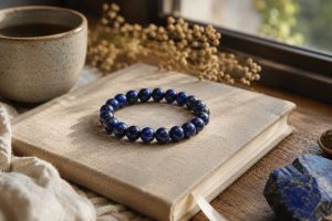 A lapis lazuli bracelet resting on a linen journal beside a ceramic tea cup in soft natural window light.