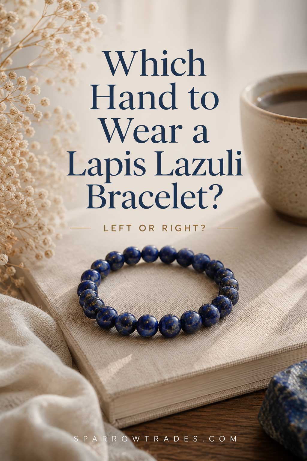A lapis lazuli bracelet resting on a linen-covered journal beside a ceramic cup with text about which hand to wear a lapis lazuli bracelet.