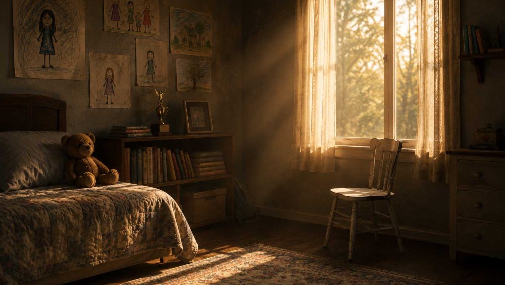 Sunlight streams into a quiet childhood bedroom with a teddy bear, children's drawings, and an empty chair, reflecting themes of emotional neglect and healing.