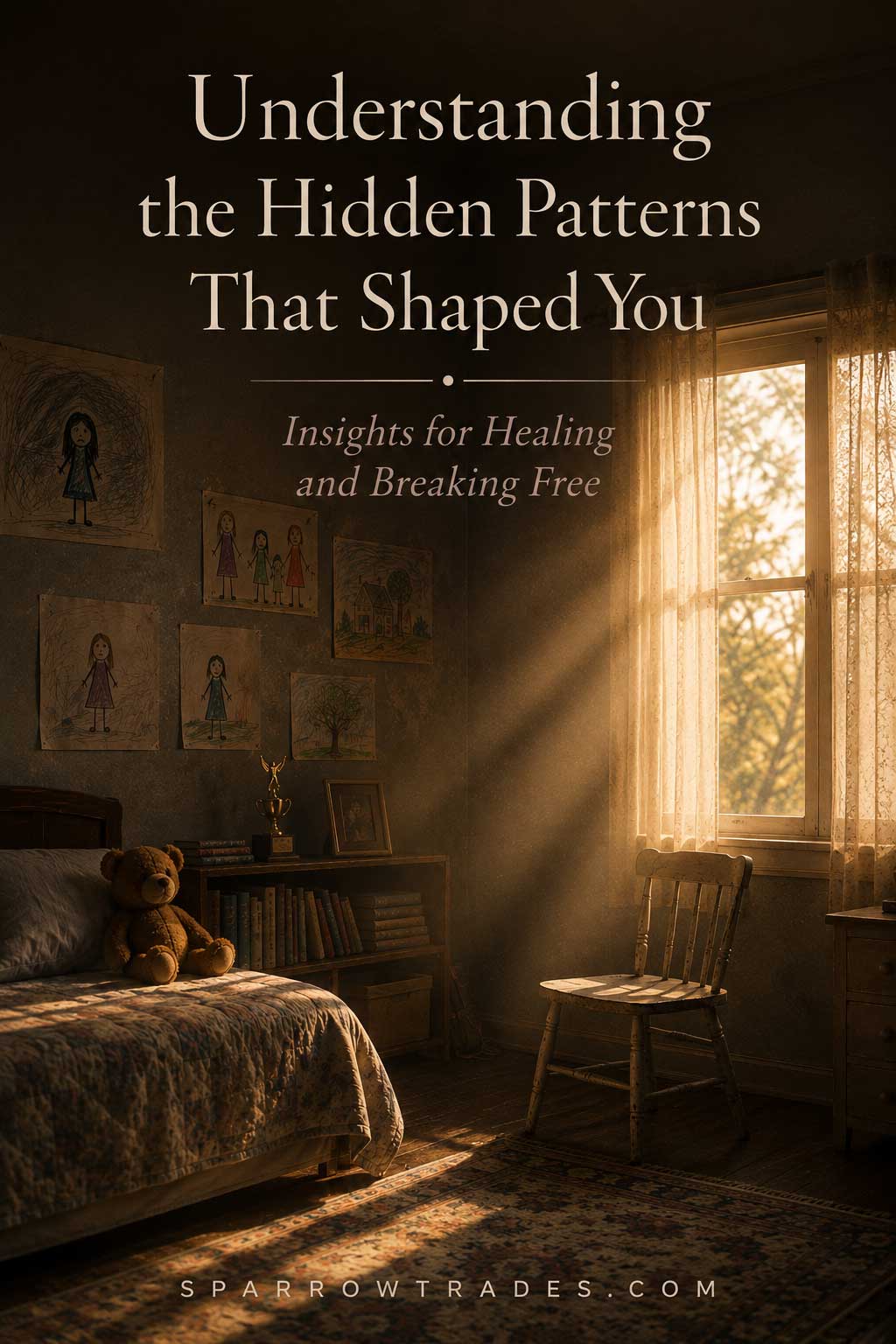 A softly lit childhood bedroom with a teddy bear, children's drawings, an empty chair, and warm sunlight streaming through a window, symbolizing emotional neglect and healing.