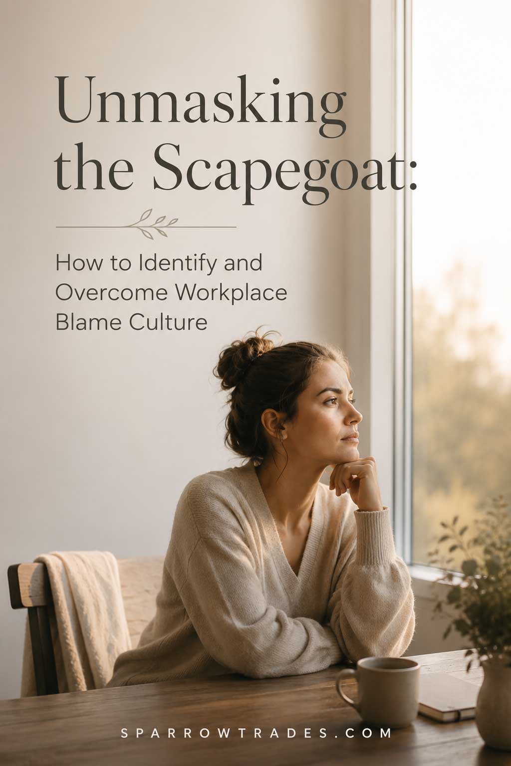 Thoughtful woman sitting by a window in a calm office setting, reflecting while coworkers remain softly out of focus in the background.