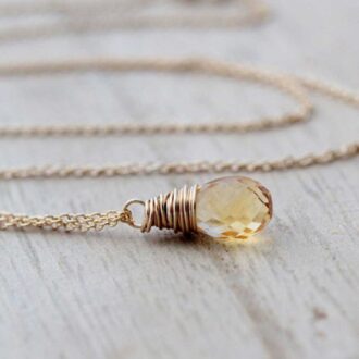 Gold-filled chain with a wire-wrapped citrine teardrop pendant