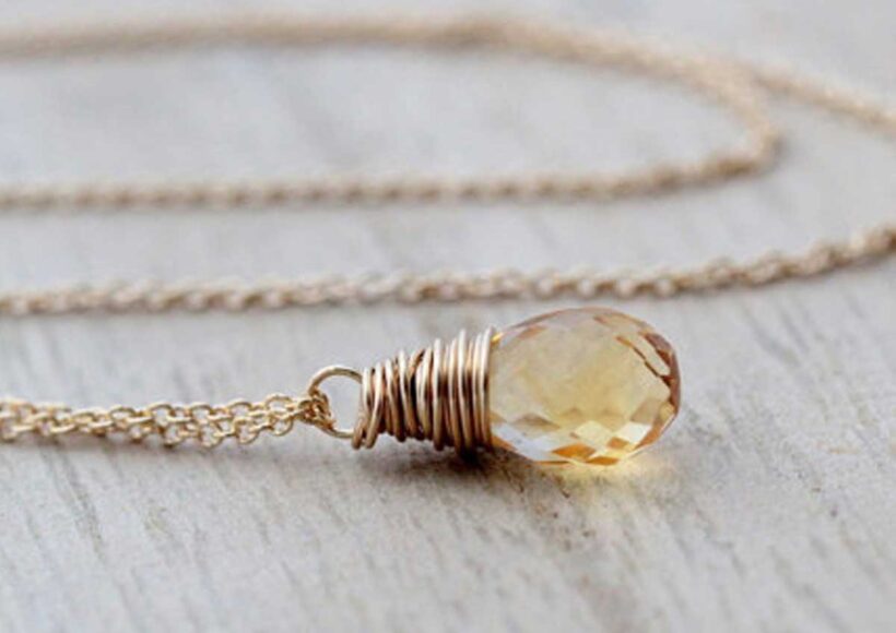 Gold-filled chain with a wire-wrapped citrine teardrop pendant