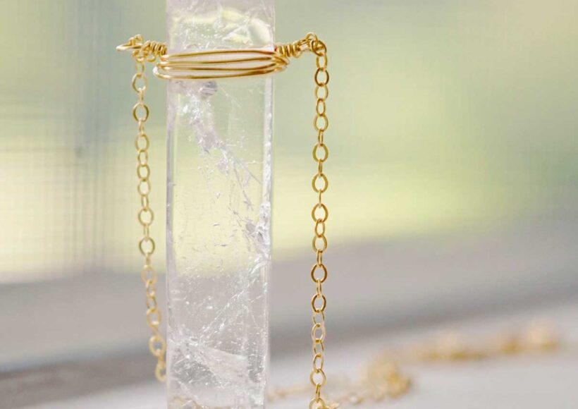 Clear Quartz Rectangle Pendant Necklace with Gold Chain