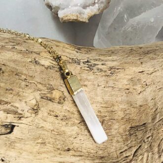 Gold-plated selenite pendant necklace with an adjustable 16–18 inch chain, designed for energy cleansing and clarity.