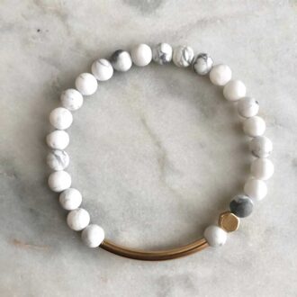Harmony bracelet with 6mm matte howlite beads, gold filled bar, and hexagon bead, designed for balance, calm, and spiritual alignment.