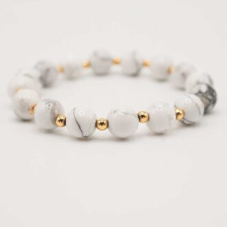 White howlite and 14k gold filled beaded bracelet, 7.25-inch elastic design, crafted for calm, balance, and mindful living.