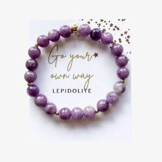 Lepidolite independence intention bracelet with 8mm purple gemstone beads and gold accents, displayed on inspirational card.