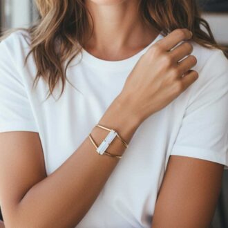 Woman wearing a gold cuff bracelet with a raw selenite crystal centerpiece.