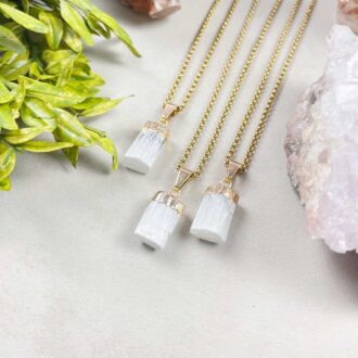 Gold-plated mini selenite crystal pendant necklace on an 18-inch chain, sold individually, designed for energy cleansing and balance.