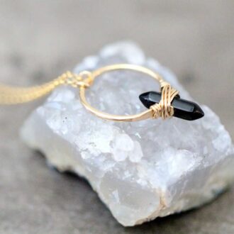 Obsidian Crest Necklace with gold hoop and double pointed black crystal