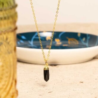Black obsidian point pendant necklace with 14k gold filled chain