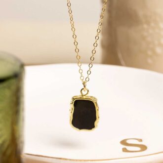 Raw black obsidian slice pendant necklace with 14k gold filled chain