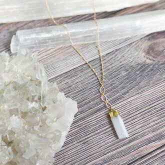 Long gold-filled necklace with a rectangular selenite pendant, designed for clarity, crown chakra activation, and everyday layering.