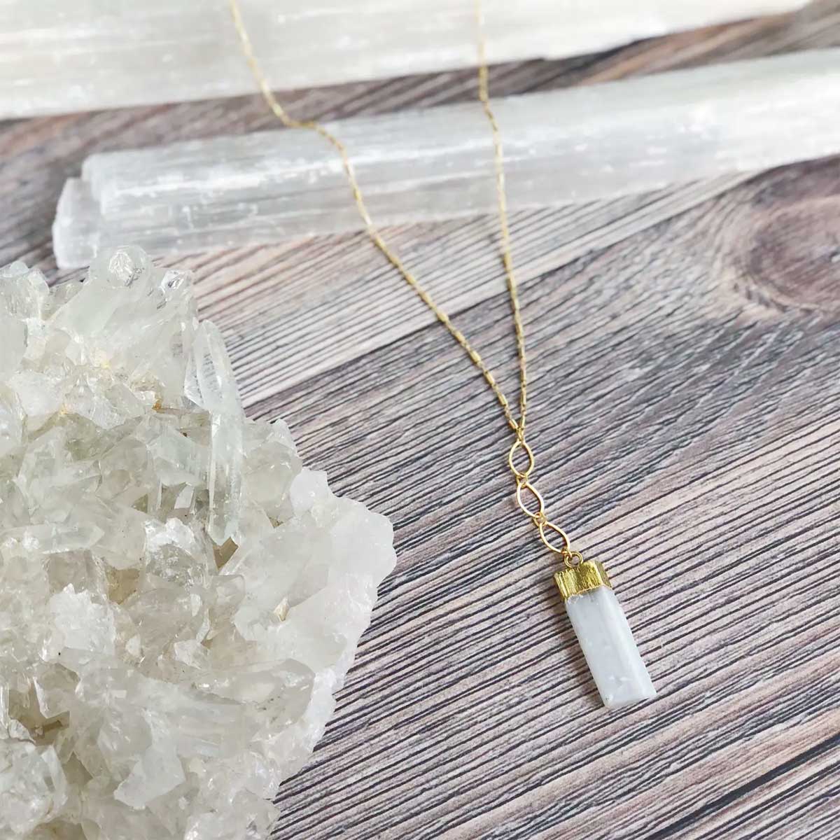 Long gold-filled necklace with a rectangular selenite pendant, designed for clarity, crown chakra activation, and everyday layering.
