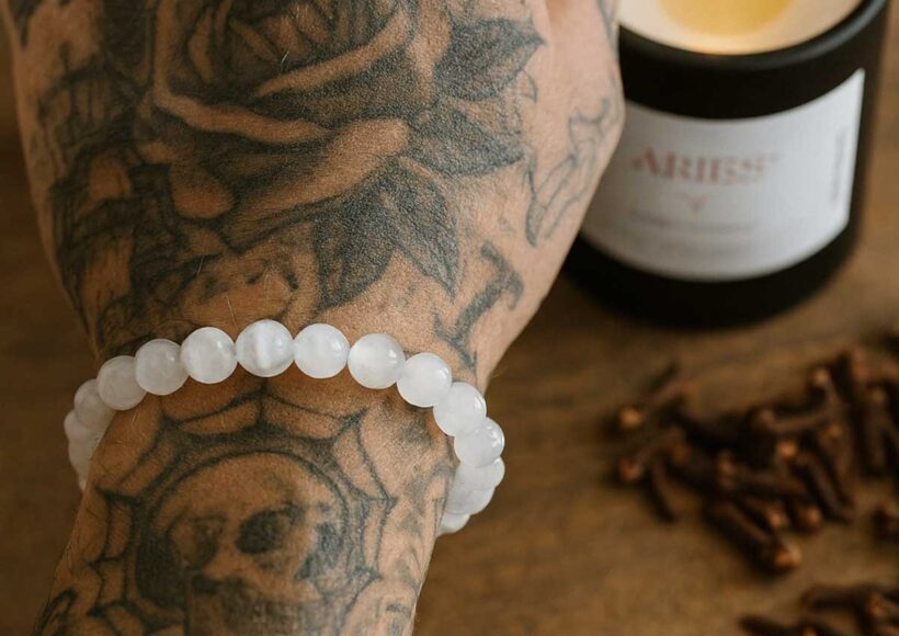 Selenite 8mm round beaded bracelet on wrist, designed for energy cleansing, clarity, and calm.