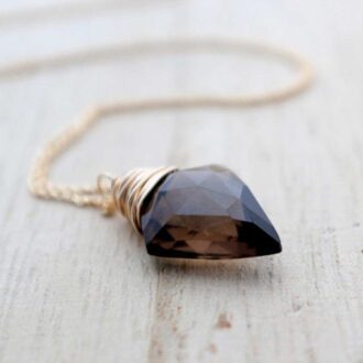 Smoky Quartz Arrow Necklace with faceted briolette pendant wrapped in gold filled wire