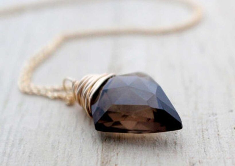 Smoky Quartz Arrow Necklace with faceted briolette pendant wrapped in gold filled wire