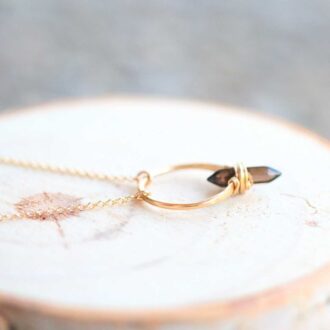 Smoky Quartz Crest Necklace with double pointed crystal in gold filled hoop